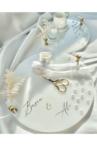 İnci Detaylı Gold Nişan Tepsisi Ve Damat Kahvesi Seti