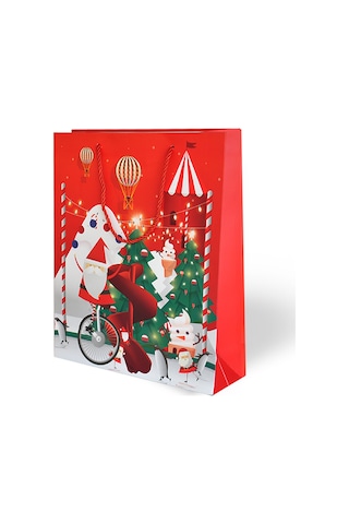 Yılbaşı Temalı Lüks Karton Çanta Varak Baskılı Kırmızı 26x32 1 Adet