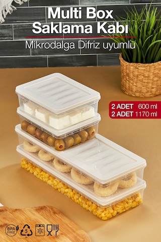 Multi Box 4 Parça 2 Farklı Boy Saklama Kabı Seti - Dondurucu & Mikrodalga Uyumlu Krem