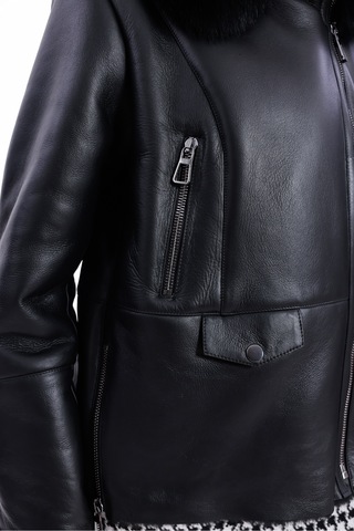 M M Marki Marki Hakiki Deri Kadın Mont Siyah İçi Kürklü Fermuarlı Regular Fit 67 Cm Kürklü Yaka - 119722