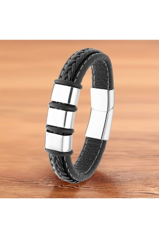 Brezza Lusso Jewelry Hakiki Örgü Derili Çelik Erkek Bileklik Siyah