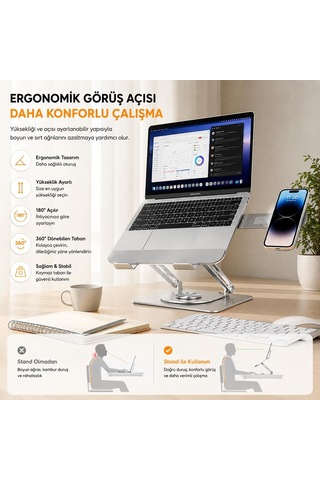 Lexroo Laptop Stand Karbon Çelik 360 Döner Ergonomik Yükseklik Ayarlı Soğutucu Magsafe Uyumlu