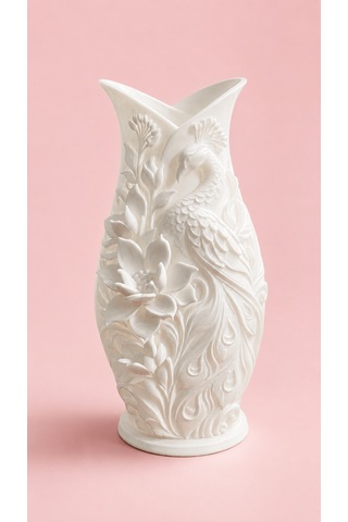 3dmarketi Boyanabilir Şık Çiçek Ve Kuş Kabartmalı Vazo 23 Cm - Dekorasyon Beyaz