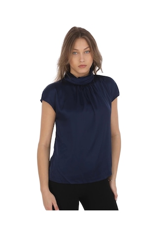 Yaka Drape Detaylı Saten Bluz 01-lacivert Lacivert