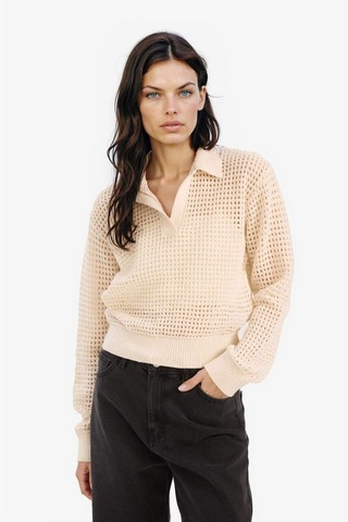 DeFacto Relax Fit Polo Yaka Basic Düz Ajur Triko Kazak E7025AX25SMER105 Ekru