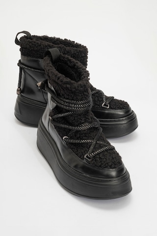 Luvishoes Luvi Shoes Dila Siyah Suni Kürklü Kadın Kalın Tabanlı Kar Botu Siyah