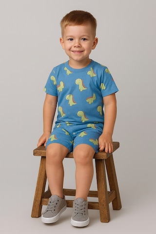 Aden Kids Dinazor Baskılı Yazlık Pijama Takımı Buz Mavisi