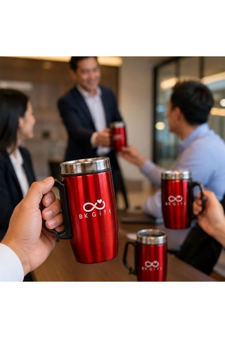 Logonuza Özel 5 Adet 5304 Çelik Kupa 240 Ml Kilitli Kapaklı Kurumsal Termos Mug Kırmızı