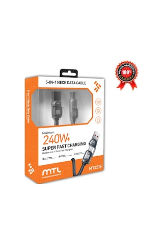 240w 5'i 1 Arada Usb/type-c/lightning Boyun Askılı Turbo Şarj Ve Data Kablosu Hasır Kablo Mt2515