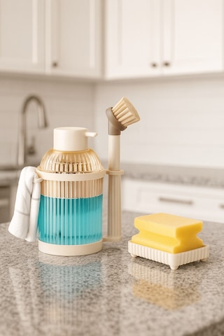 4 Parça Mutfak & Banyo Beyaz Temizlik Seti Sıvı Sabunluk, Fırça, Havluluk & Süngerlik Beyaz