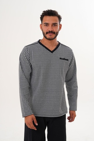 Çift Kaplan Erkek Kazayağı Desen V Yaka Beyaz Pijama Takımı 8036 Beyaz