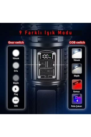 Şarjlı El Feneri 5400mah 30w 9 Mod Powerbank Özellikli 6km Aydınlatma Genel