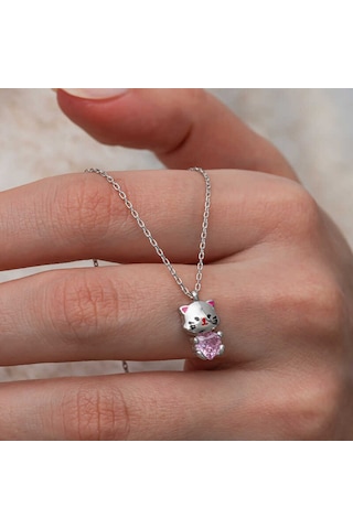 Blackcraft Gümüş Pembe Taşlı Sevimli Kedi Kadın Kolye Renkli