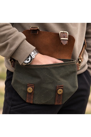 Hemlabel Hakiki Deri Detaylı Kanvas Bel Çantası Vintage Outdoor Kamp Edc Günlük Kullanım Çantası Yeşil-kahverengi