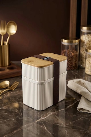 Makri Home 2 Parça Bambu Kapaklı Saklama Kabı Seti - 1l + 0,5l Üst Üste Koyulabilir Krem