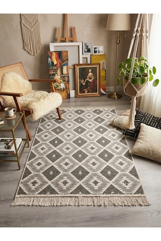 Pamuklu Dokuma Çift Taraflı Kilim Yıkanabilir Modern Desenli Yolluk Kaymaz Dayanıklı Dekoratif Halı Gri
