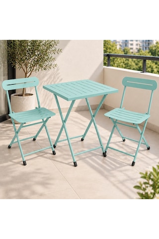 Katlanır Metal Balkon Bahçe Bistro Masa Sandalye Seti 2 Kişilik 1 Masa 2 Sandalye Mint Yeşili 1639 Turkuaz
