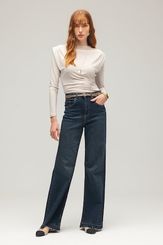 Sââde Kadın Yüksek Bel Wide Leg Jean Pantolon - Paça Detaylı Lacivert