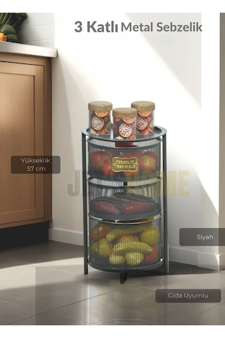 3 Katlı Sebzelik Açılır Metal Patates Soğan Sepeti Paslanmaz Meyvelik Organizer Sepet Siyah Siyah