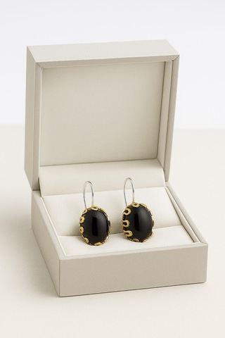 Lale Serisi El İşi Siyah Oniks Taşlı Gümüş Kadın Küpe Gümüş