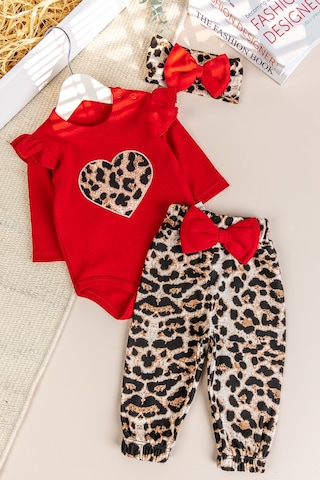 Babymod Leopar Desenli 3'lü Pamuklu Kız Bebek Takım Set Kırmızı