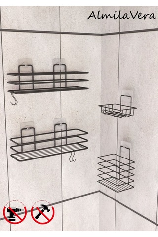 Siyah Paslanmaz Yapışkanlı Metal Banyo Rafı Düzenleyici 4'lü Set Kancalı Duş Rafı Sabunluk Rafı Siyah