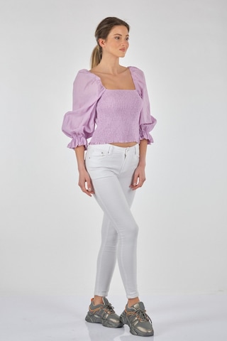 Perspective Kare Yaka Balon Kol Crop Bluz - Minimalist Stil Menekşe