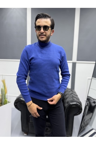 Avni Ceylan Modern Erkek Slim Fit Balıkçı Yaka %100 Pamuk Pike Örgü Triko Kazak A.laci/saks