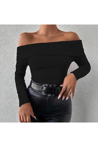 Uzun Kol Madonna Yaka Bluz Siyah Siyah