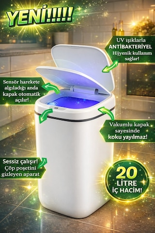 20l Akıllı Sensörlü Çöp Kovası Uv Işık Koku Geçirmez Mutfak Banyo Wc Ofis