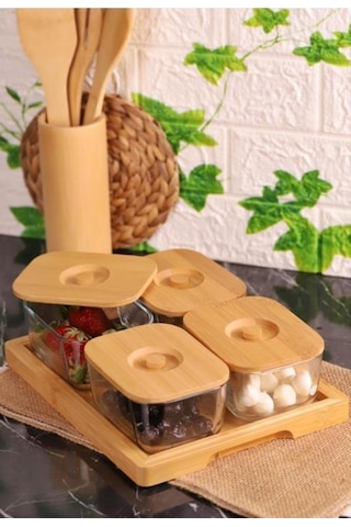 Bambum Krosna Plus Bambu Kapaklı Tepsili Cam Kahvaltı Seti 9 Parça Ahşap - Şeffaf