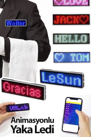 Matrix Kayan Led Yaka Rozeti Mobil Kontrollü Dijital Etiket 9 3cm Renkli