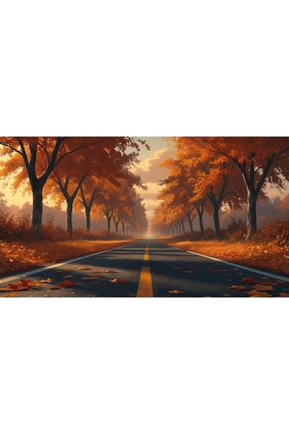 Doğa Ve Manzara Yatay Sonbahar Ağaçlarının Arasında Ufka Doğru Uzanan Yalnız Yol 02 Çerçevesiz 90x60cm Pvc Tablo