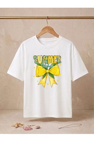 Sarı Limon Ve Fiyonk Baskılı Oversize Kompak T-shirt Beyaz