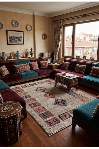 Yıkanabilir Etnik Desenli Dijital Baskı Kaymaz Kilim Kahverengi