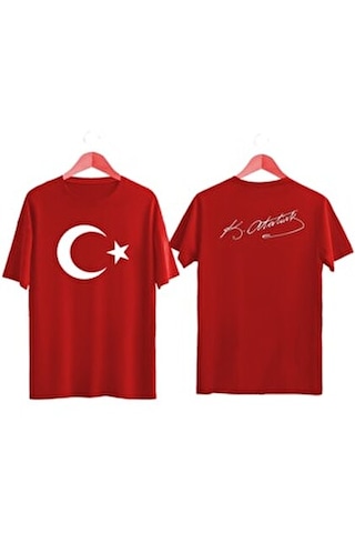 Blausee Wear Unisex Türk Bayrağı Baskılı Atatürk Imzalı Tişört Ayyıldızlı Oversize T-shirt Kırmızı