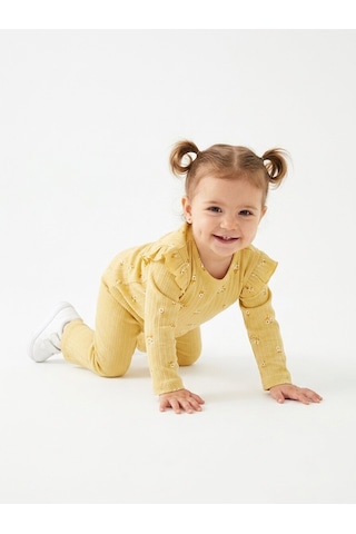 HelloBaby Pamuklu Fırfır Detaylı Fitilli 2li Kız Bebek Takım Hardal