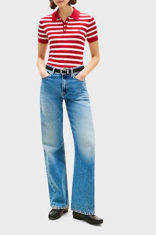 Tommy Hilfiger Çizgili İpek Karışımlı Kısa Kollu Düğmeli Polo Yaka Kazak Bayan Polo Yaka Kazak Ww0ww48503 04w Kırmızı-beyaz