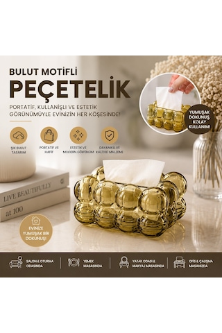 Barotti Dmr-9914 Yaylı Dekoratif Bulut Peçetelik - 19x13x9 Cm, Kahverengi Şeffaf