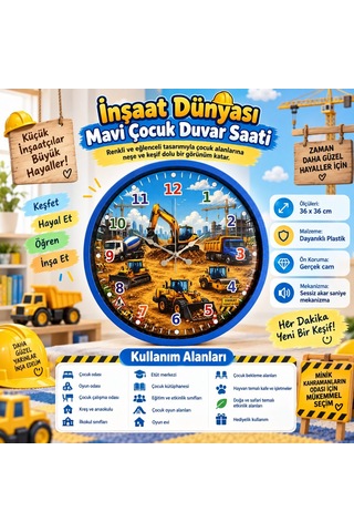 Almira Duvar Saati İnşaat Dünyası Mavi 36 X 36 Cm Çocuk Duvar Saati
