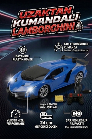 Uzaktan Kumandalı Şarjlı Araba 24 Cm Işıklı Ferrari & Lamborghini Model Full Fonksiyonlu Oyuncak Lacivert Lamborghini