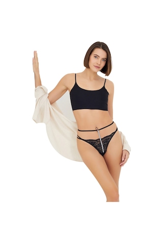 Siyah Dantelli Taş Detaylı Ayarlanabilir Lastikli Kadın Tanga Külot Siyah