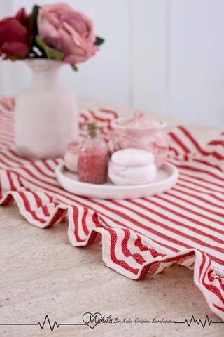 Kırmızı Çizgili 40x125 Şık Tasarım Ekstra Büyük Fırfırlı Runner, %100 Keten Runner Bej