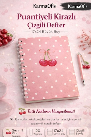 4'lü Spiralli Çizgili Defter Seti 17x24 120 Yp Kurdele, Kiraz Ve Puantiyeli Tasarım