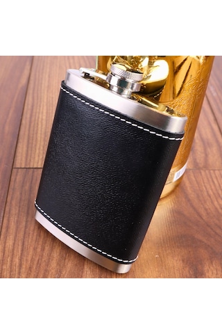Perlotus 8 Oz 235 Cc Hunili Siyah Hakiki Deri Kılıflı Çelik Viski İçki Matarası Siyah