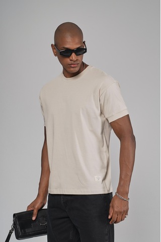 King Brich Slim Fit Kalıp Kolu Ribanalı Basic %100 Pamuklu Tişört Bej