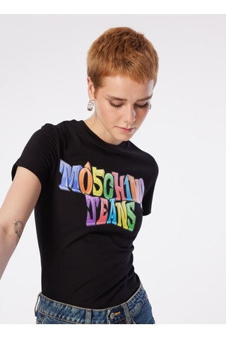 Moschino Jeans Siyah Kadın Yuvarlak Yaka Baskılı T-shirt 241k1a0708