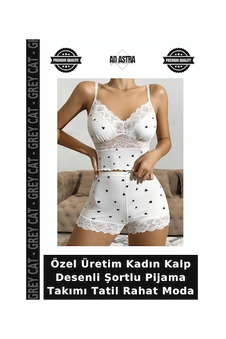 Grey Cat Özel Üretim Kadın Kalp Desenli Şortlu Pijama Takımı Tatil Rahat Moda Beyaz