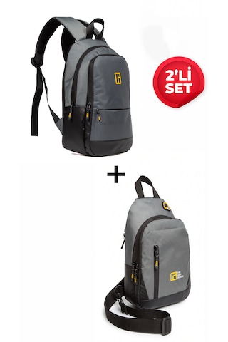 Esvelans Unisex Mini Sırt Çantası Ve Çapraz Askılı Göğüs Omuz Çantası Body Bag Set Gri