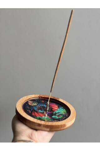 Ahşap Üzerine Epoksi Mandala Desenli Yuvarlak Tütsülük -12 Cm Çap- Ejderha/dragon